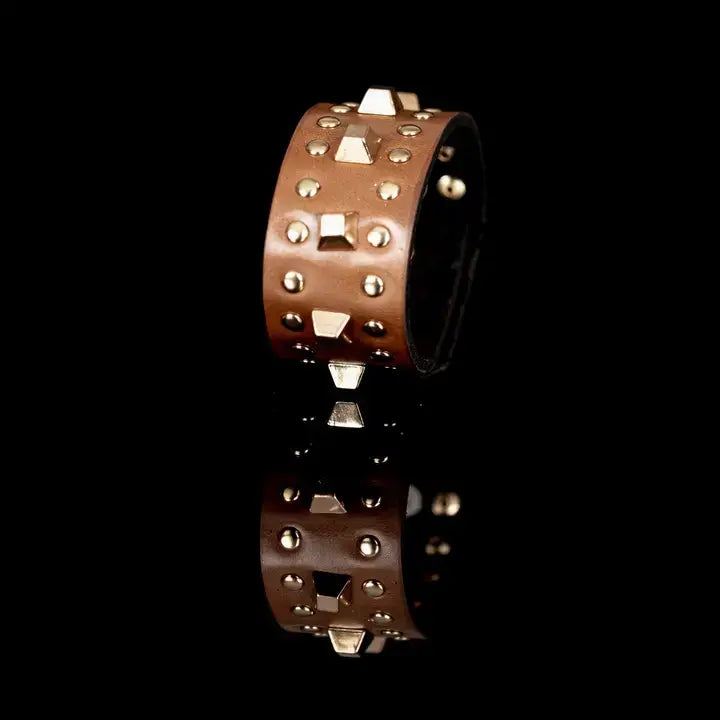Studded Leather Statement Cuff Bronze Brown