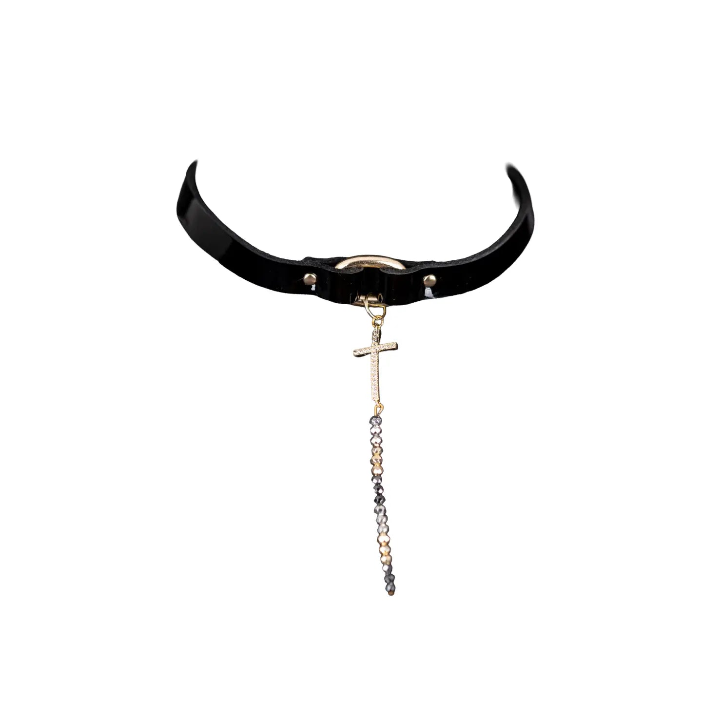 Black leather choker with a gold cross pendant and a long beaded chain drop, displayed on a white background.