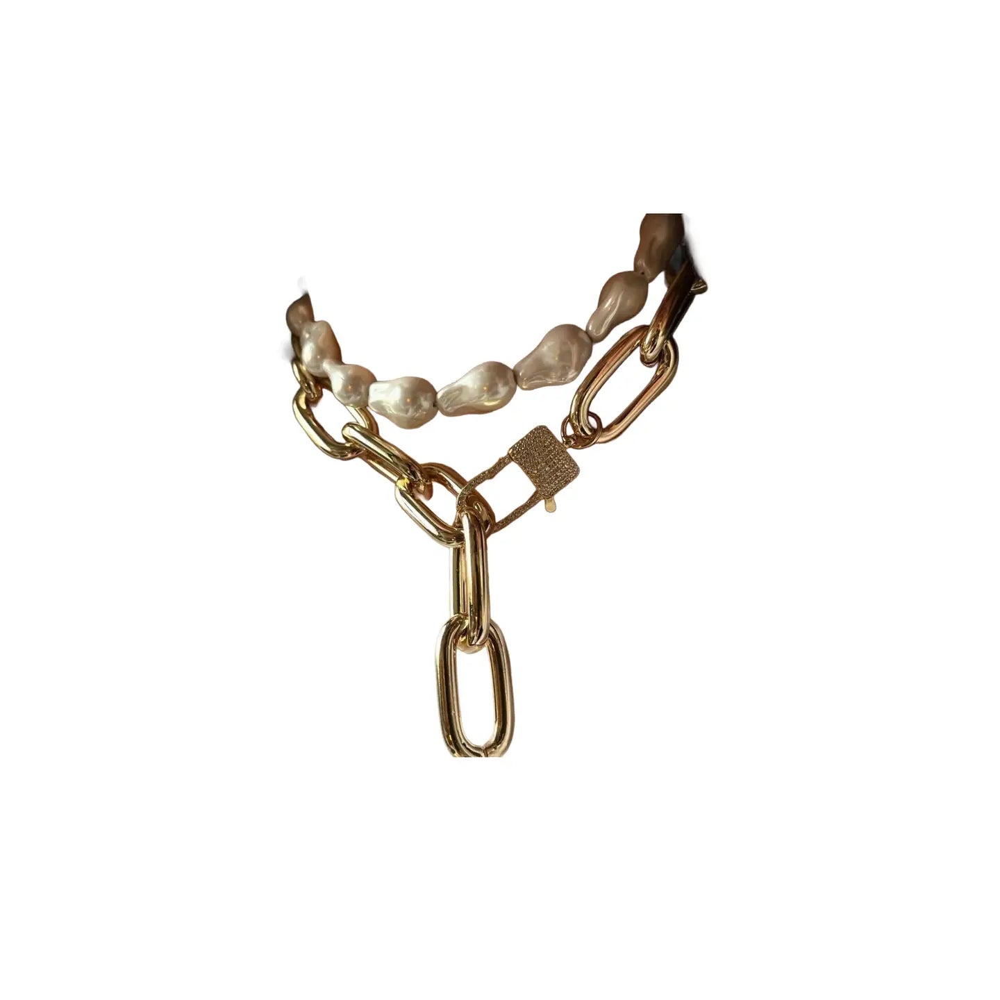 Gold chain necklace with baroque pearls and a front-facing padlock clasp on a white background.