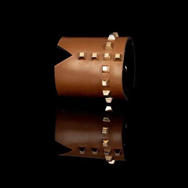 Brown Leather Studded Wide Cuff Bracelet