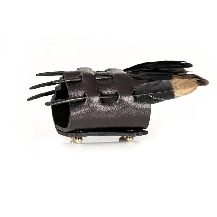 Black Leather Feather Cuff with Gold