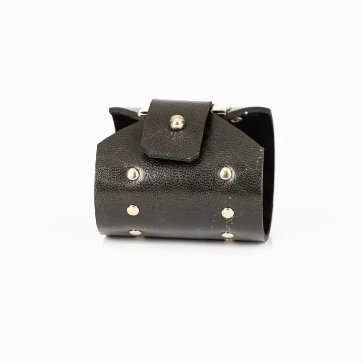Command Cuff Black Italian Leather Bracelet with Gold Stud