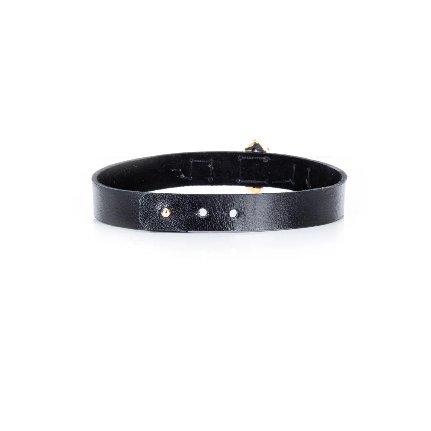 Black leather choker with a central marquise-cut blue crystal and two side baguette blue crystals, displayed on a white background.
