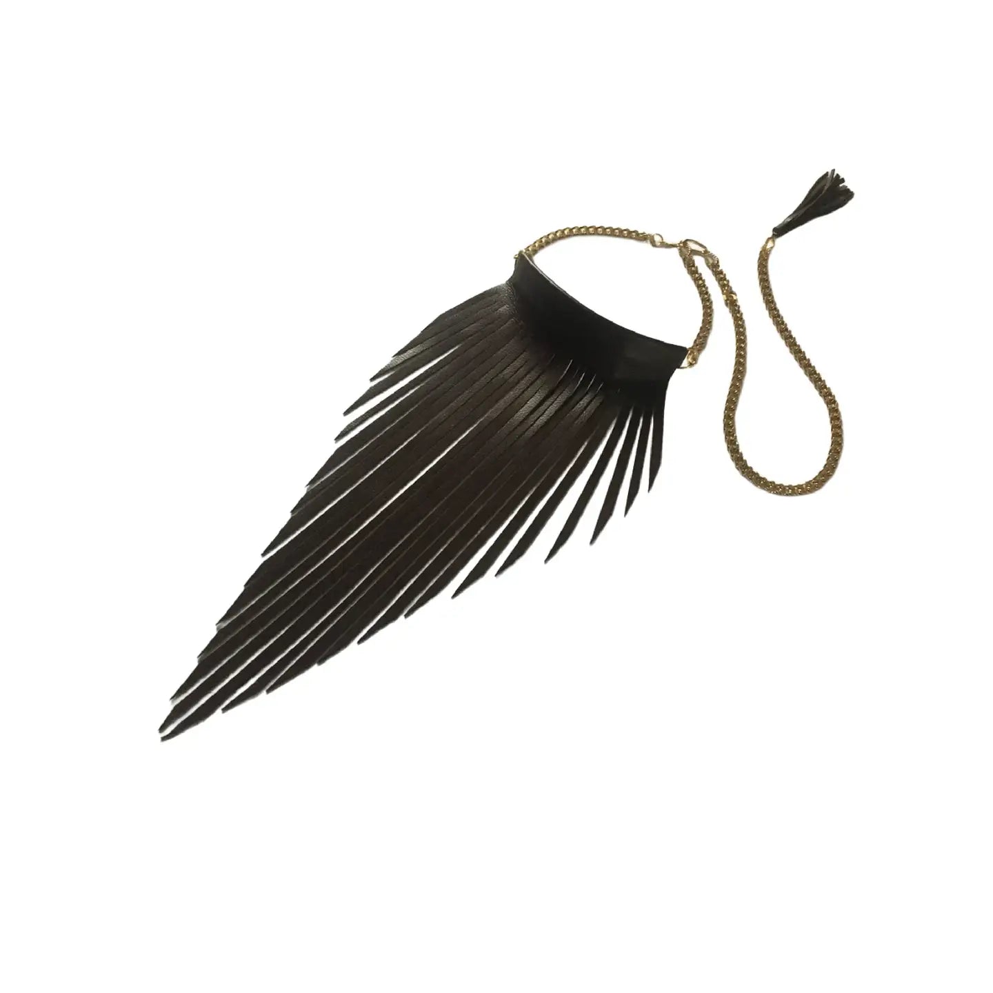 Black leather choker necklace with long fringe detailing and a gold chain closure, displayed on a white background.