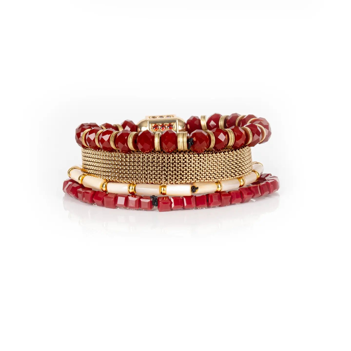 Ruby Red & Gold Beaded Bracelet Stack Crimson Glow