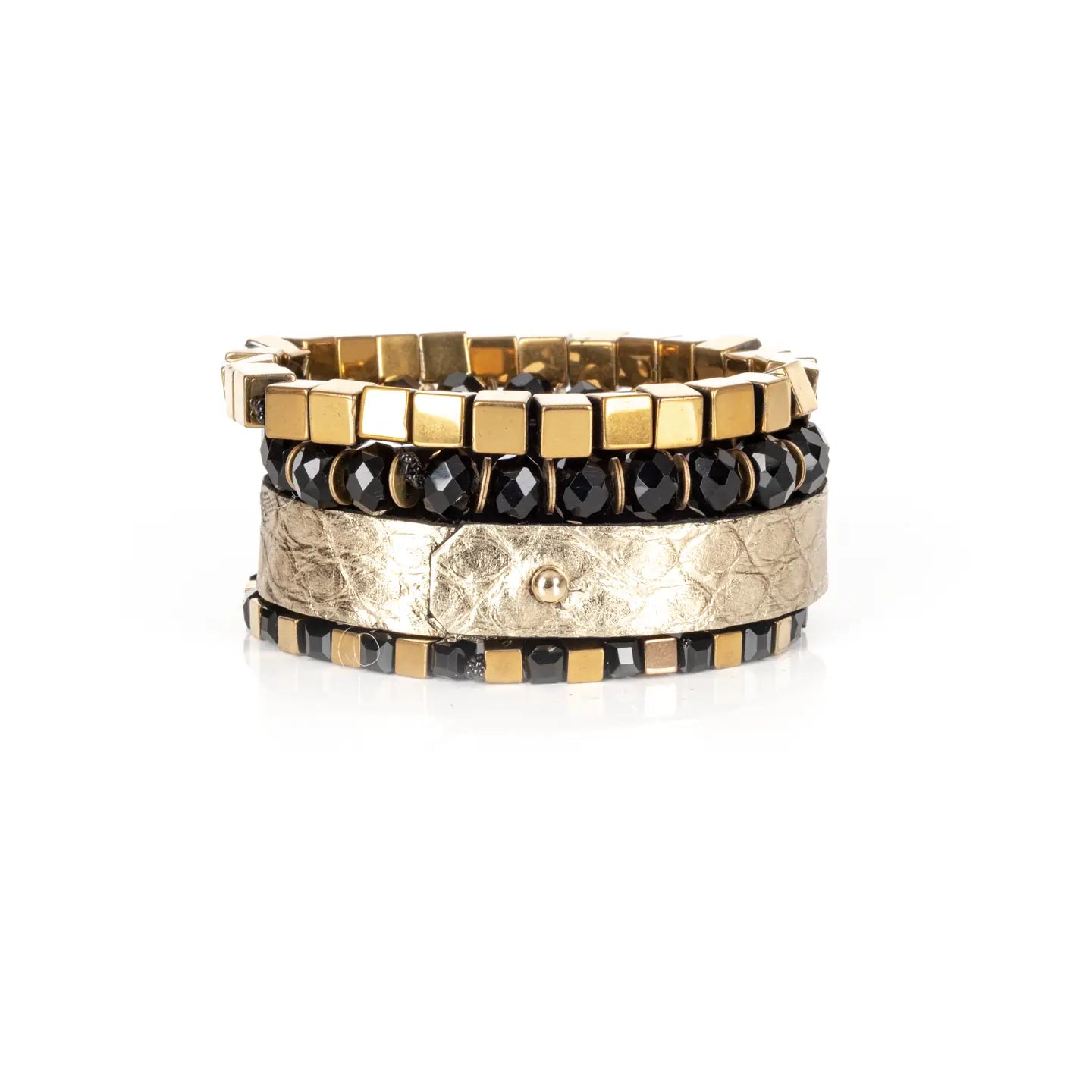 Gold Python Leather Bracelet Stack Black Crystal + Metal