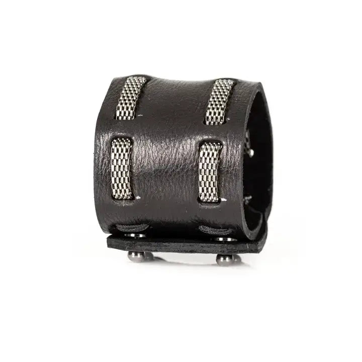 The Grid Black Leather & Silver Chain Bracelet