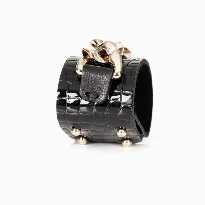 Dominion Cuff Black Croc-Embossed Italian Leather Bracelet