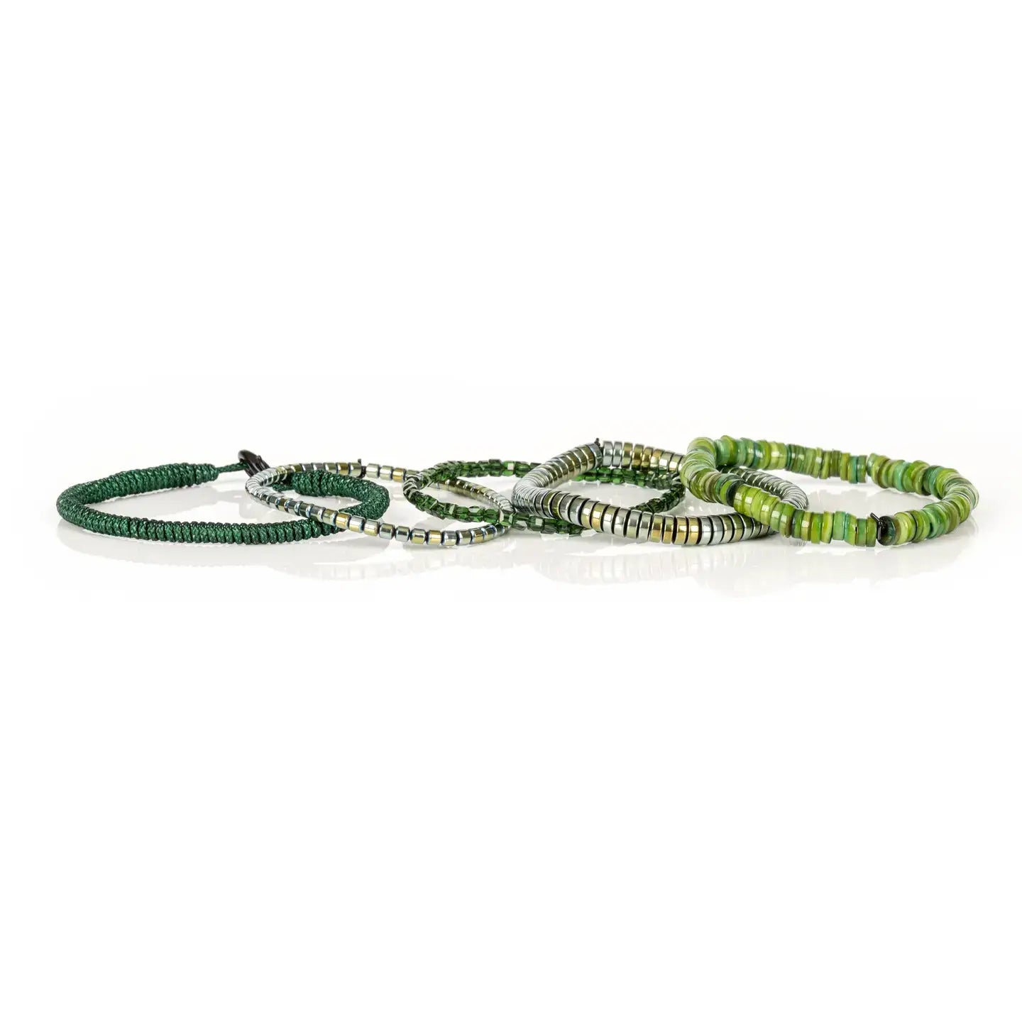 Green multi-layer men’s bracelet set featuring natural green stone disc beads, metallic hematite strands, faceted green crystal beads, and braided green rope on a light background.