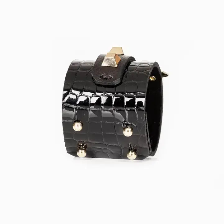 The Arrow Cuff Black Croc-Embossed Italian Leather Bracelet
