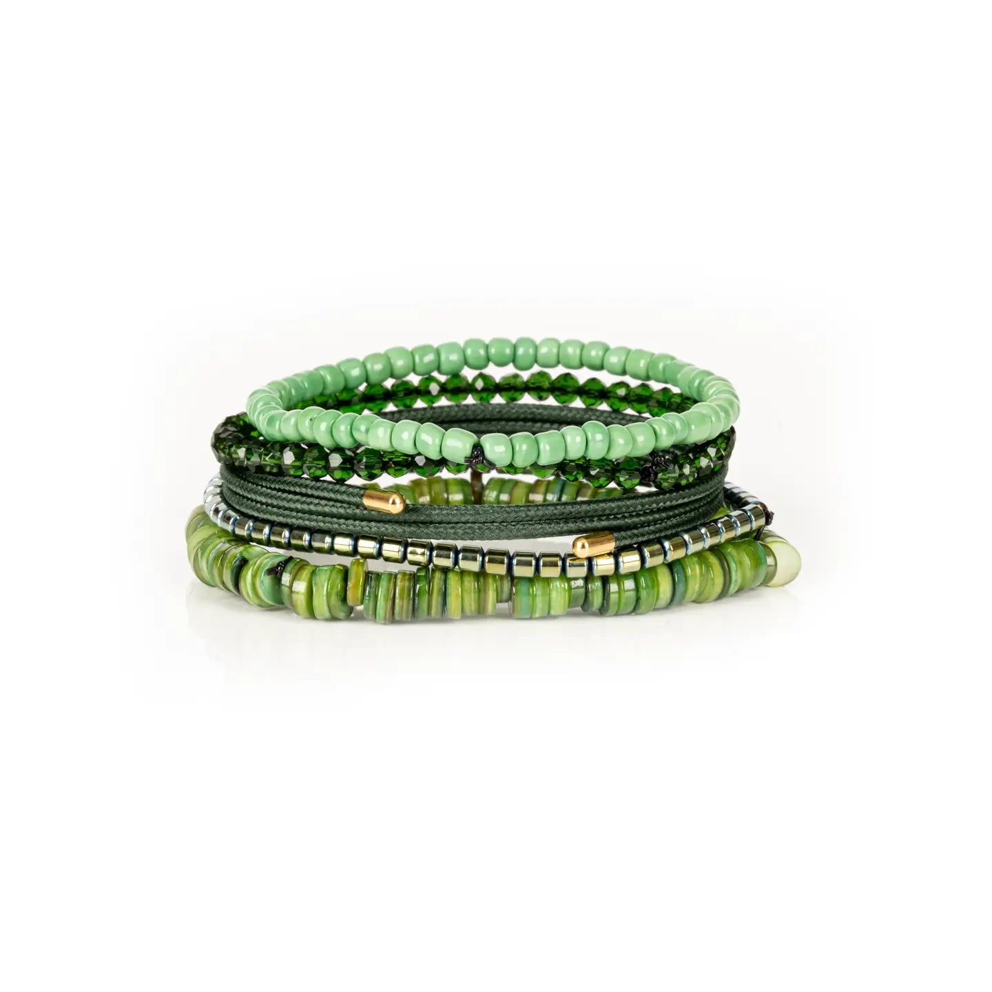 Men’s layered bracelet set featuring mint green seed beads, faceted dark green crystal beads, olive braided cord wraps, silver-tone hematite spacer beads, and green natural shell heishi beads, stacked in a fresh nature-inspired luxury design on a white background.