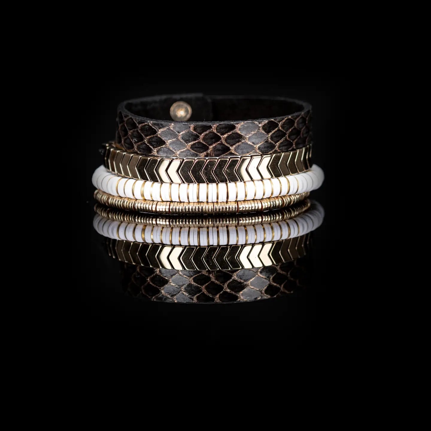 Python Leather Bracelet Stack with Gold Chevron Cuff & White