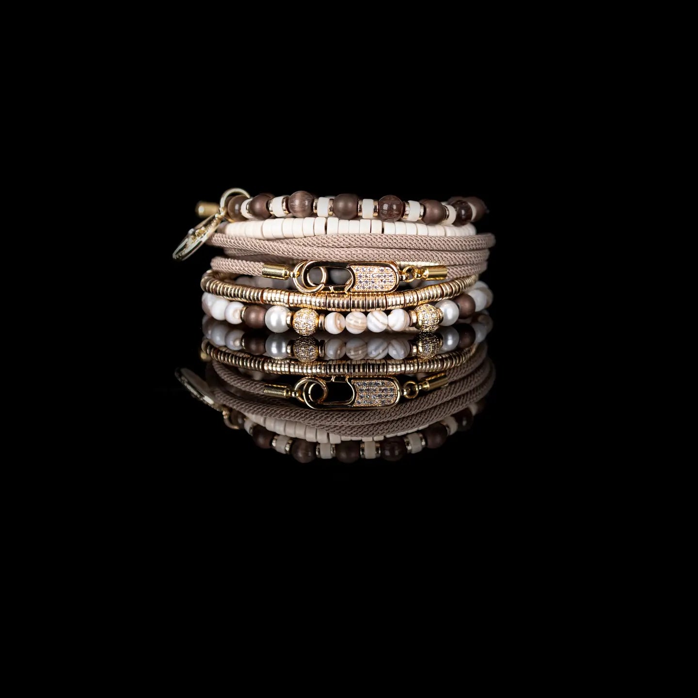 Ivory & Mocha Beaded Bracelet Stack Gold Compass Charm