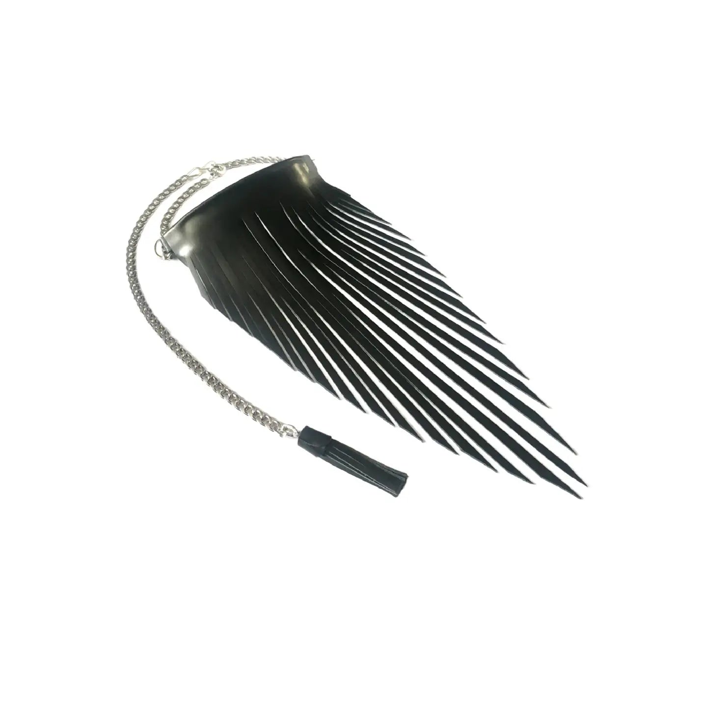 Black leather choker necklace with long fringe detailing and a silver chain closure, displayed on a white background.