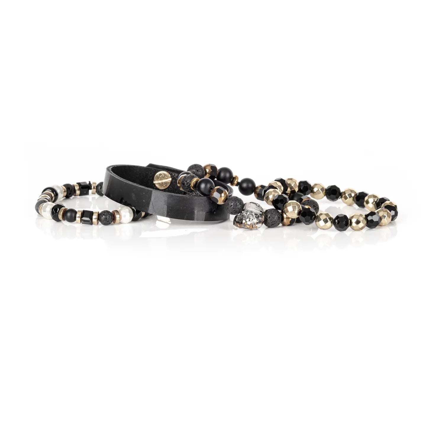 Black Leather & Bead Stack Bracelet Set Onyx Lava Stone