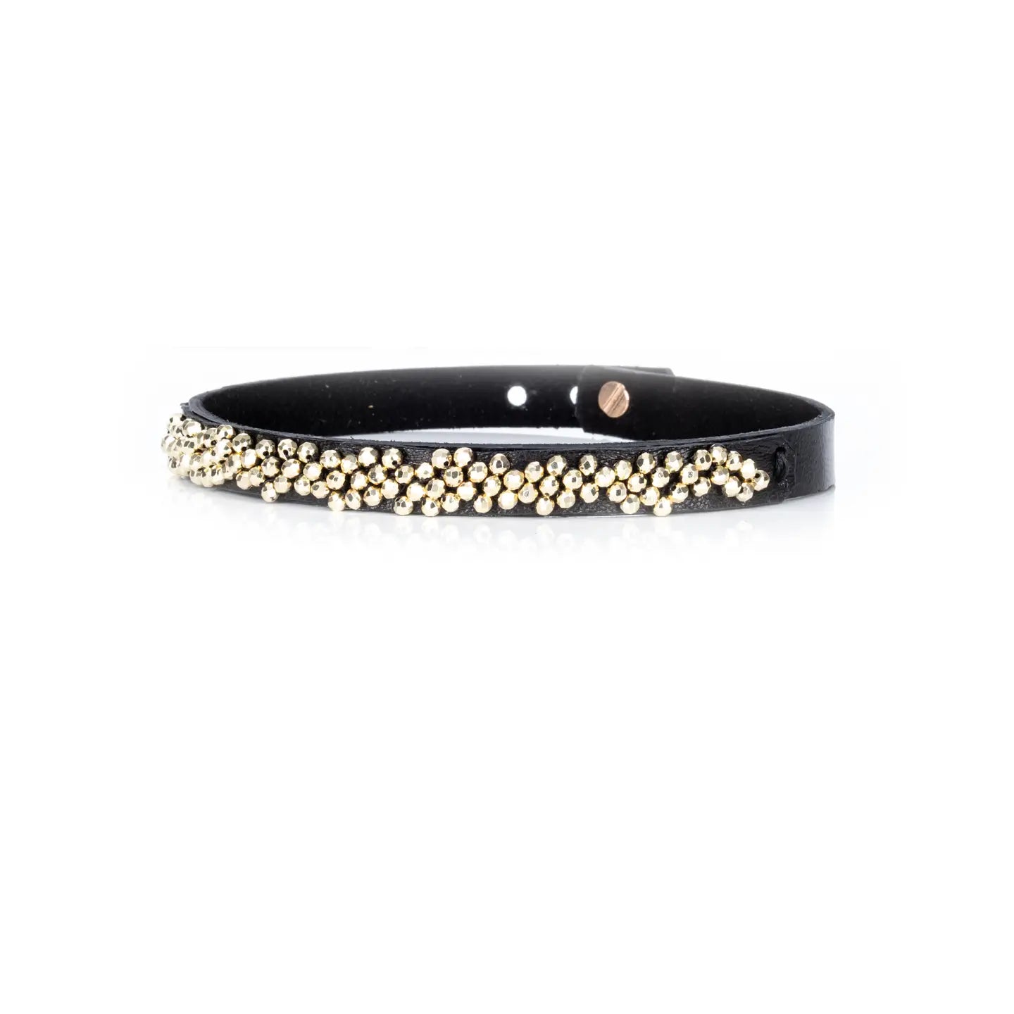 Black leather choker with dense gold beaded detailing across the front, displayed on a white background.