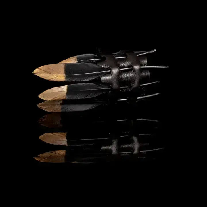 Black Leather Feather Cuff with Gold