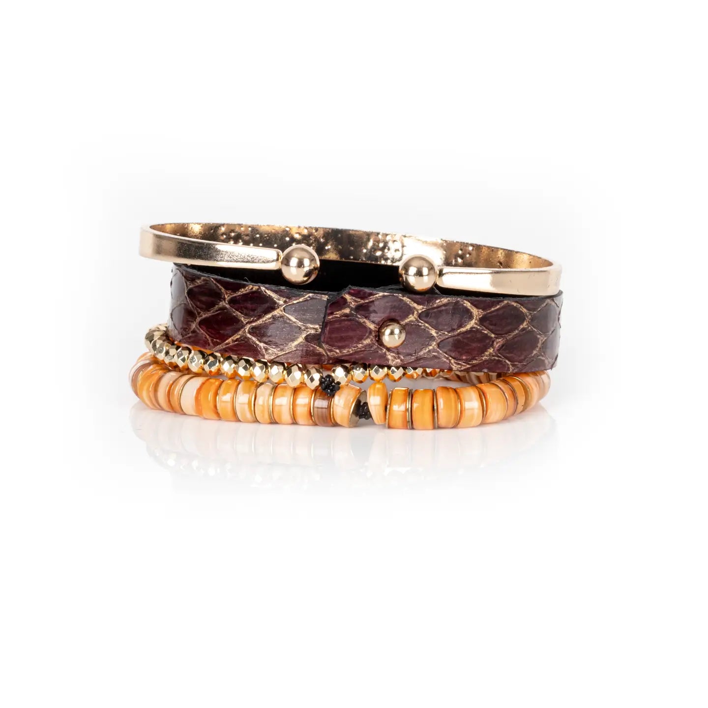 Python Leather Bracelet Stack with Gold “LOVE” Cuff & Orange