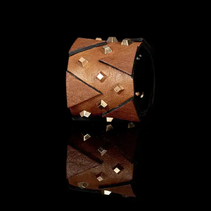 The Vanguard Cuff Sculpted Camel Leather with Gold Studs