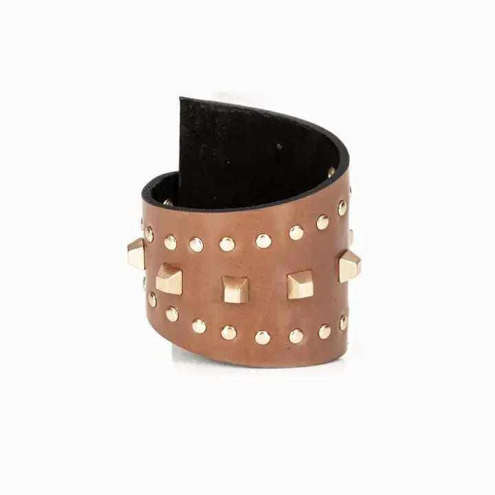 Layered Studded Leather Cuff Bronze Brown Wrap