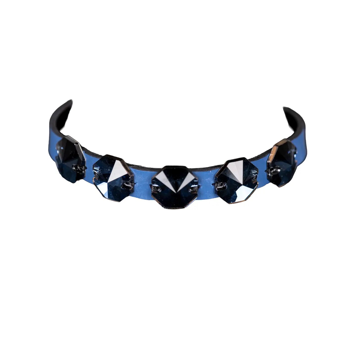 Black leather choker with a row of dark geometric faceted crystals across the front, displayed on a white background.