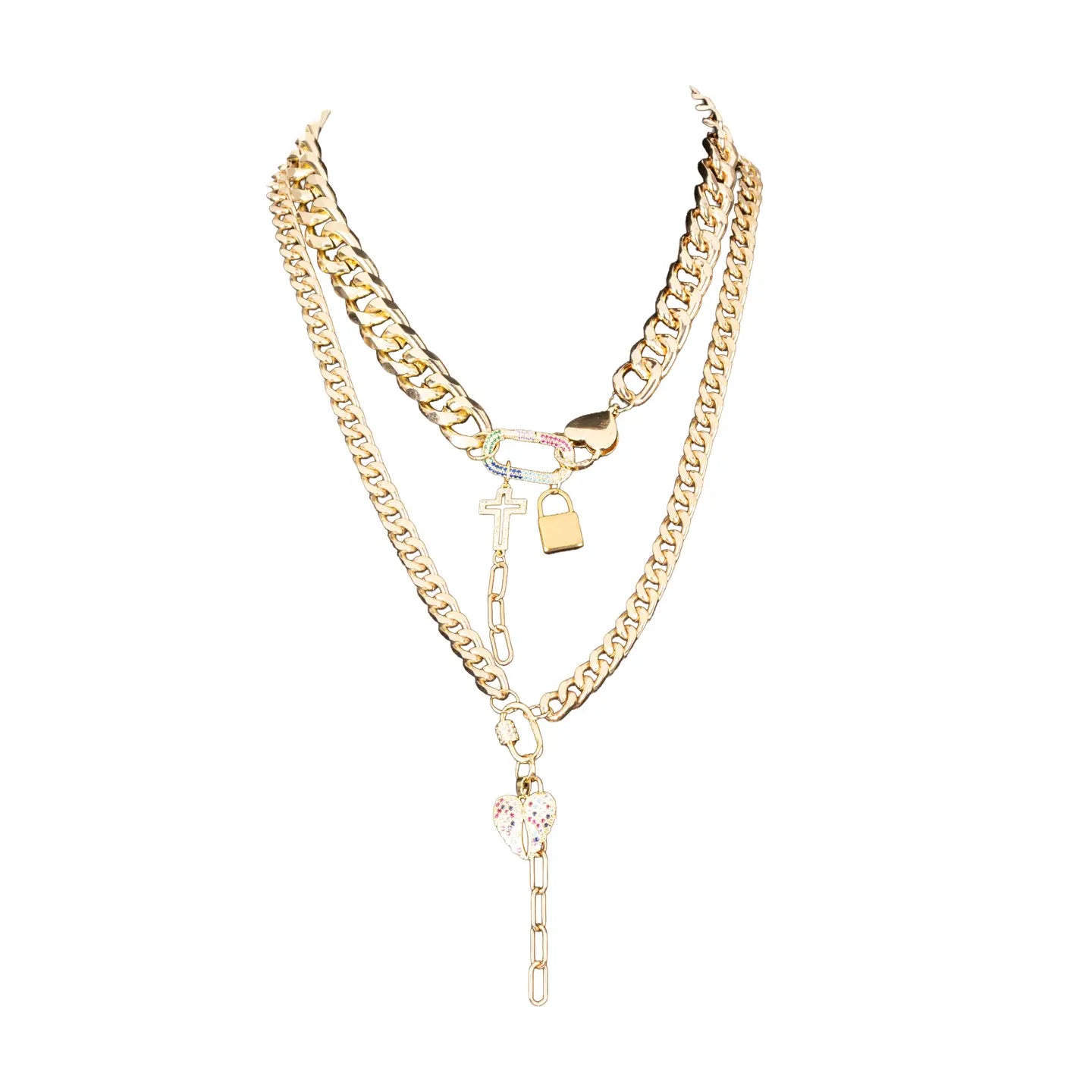 Layered gold chain necklace with cross, lock and heart charms on white background.