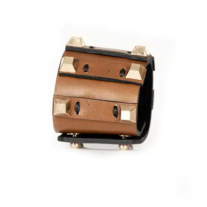 The Enforcer Cuff Camel Leather & Gold Studs