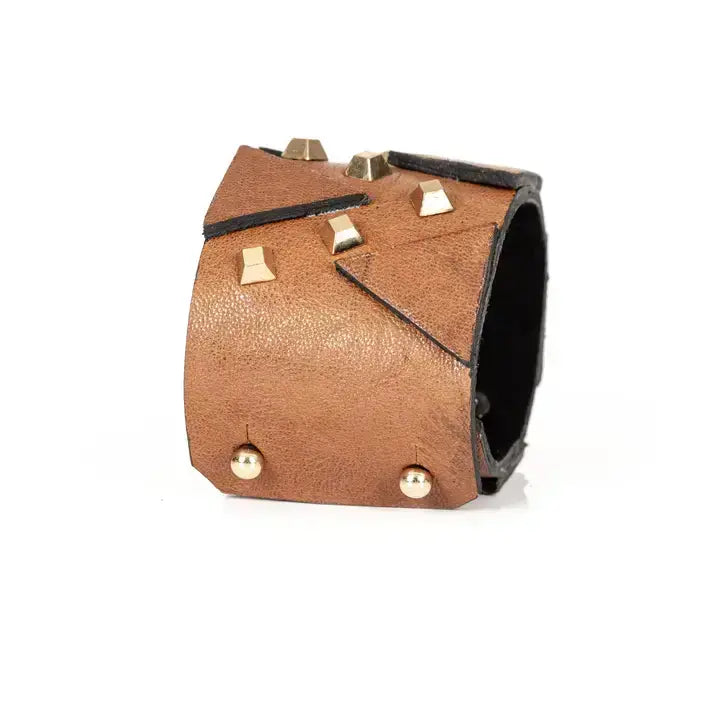 The Vanguard Cuff Sculpted Camel Leather with Gold Studs
