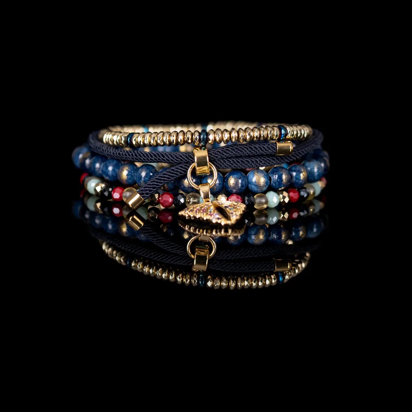 Midnight Shell Multi-Layer Beaded Bracelet Stack Navy & Go