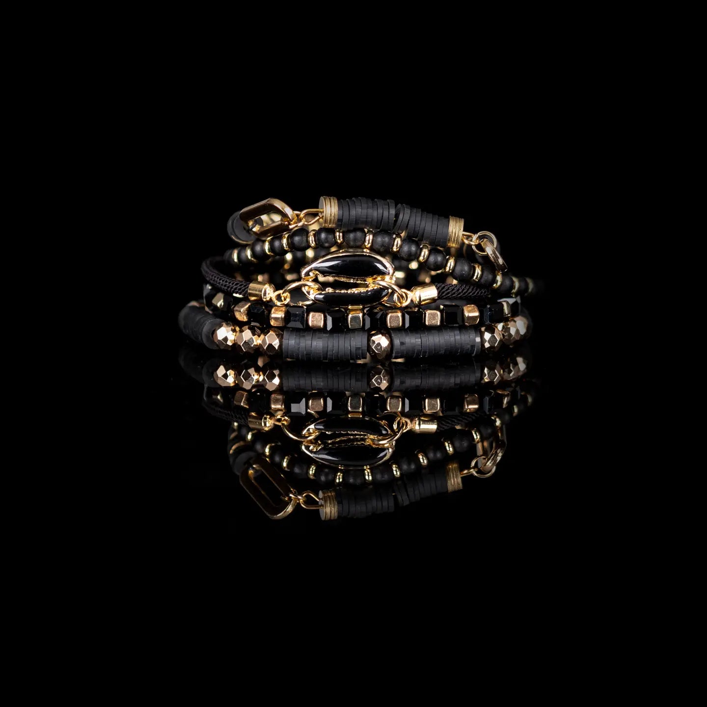 Black Onyx Shell Bracelet Stack Gold & Jet Beaded