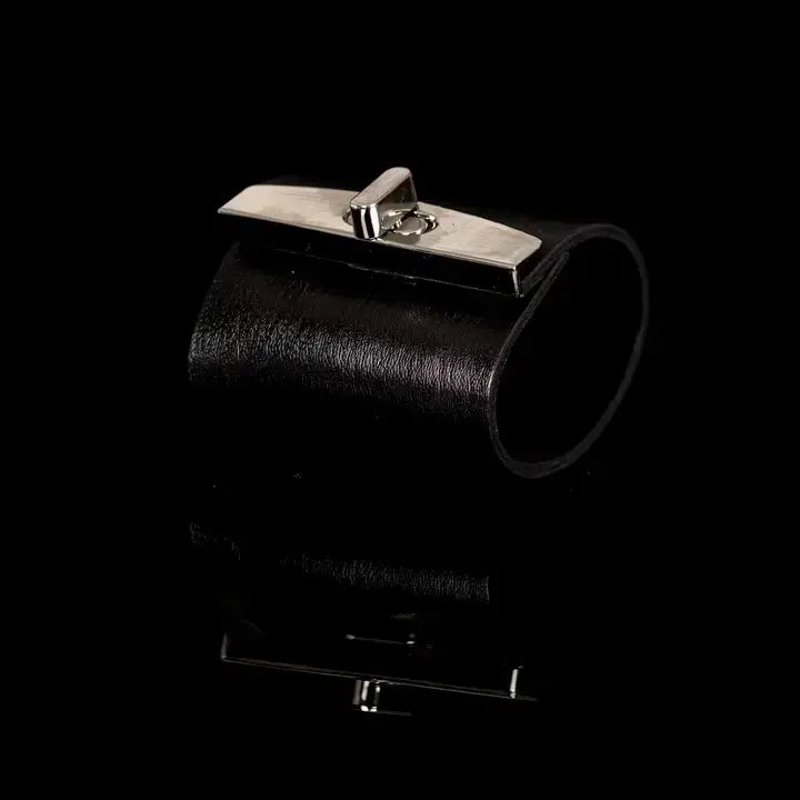Lockdown Black Leather Cuff with Metal Bar Closure