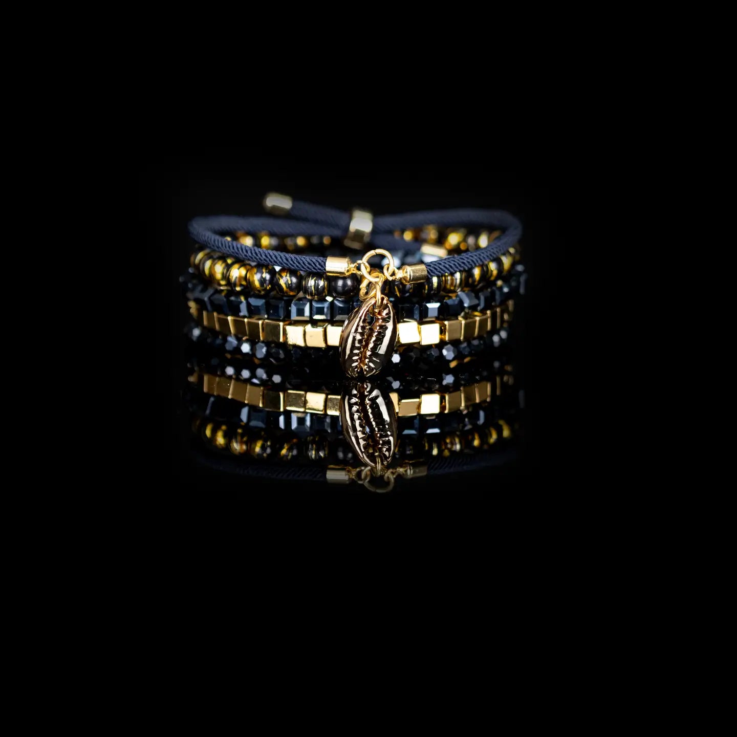 Midnight Navy Bracelet Stack with Gold Cube Beads & Shell