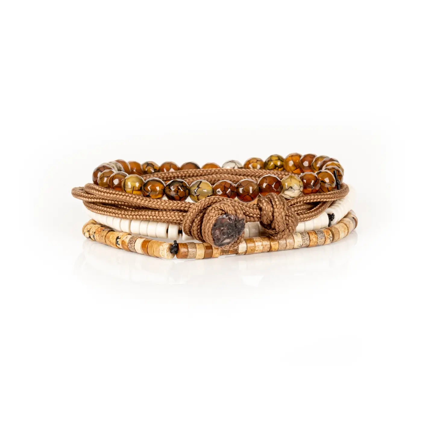 Men’s layered bracelet set featuring faceted brown crackle agate beads, tan braided cord wraps, white heishi beads, and natural earth-tone stone disc beads, stacked in a refined bohemian luxury design on a white background.