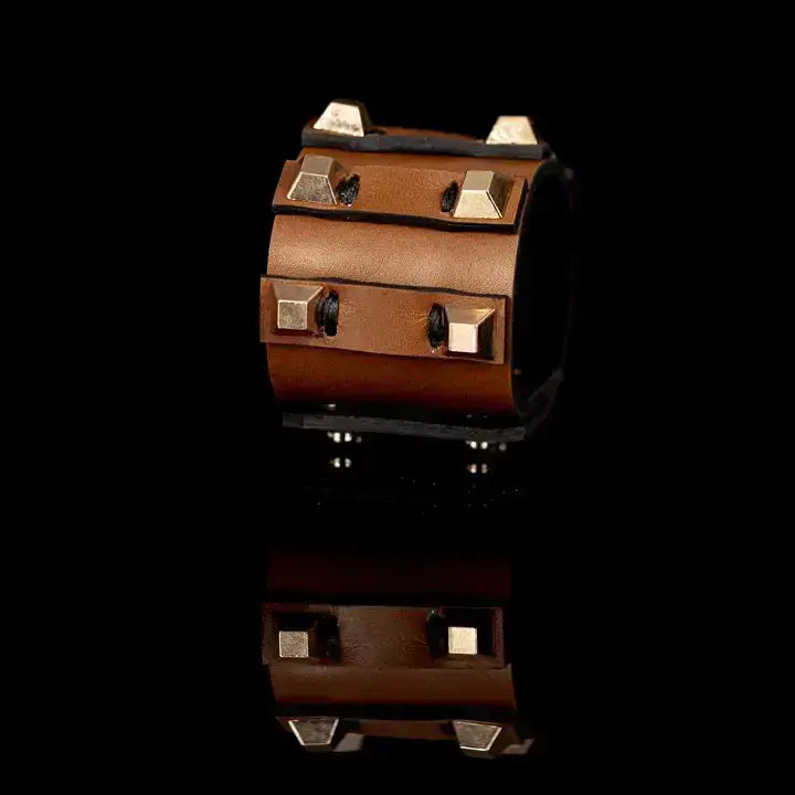 The Enforcer Cuff Camel Leather & Gold Studs