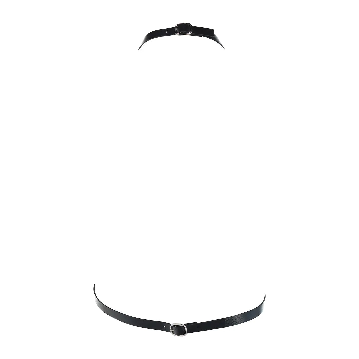 Black leather harness necklace with studded central panel and metal ring connections, displayed on a white background.