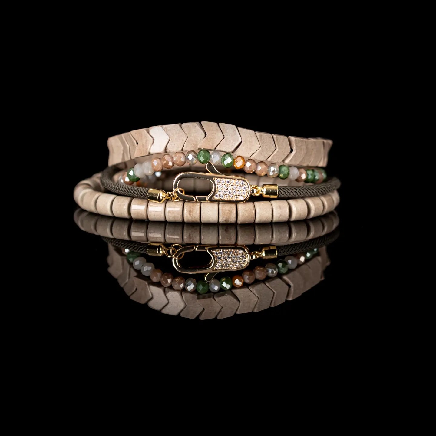 Pavé Lock Multi-Layer Beaded Bracelet Stack Sand & Olive
