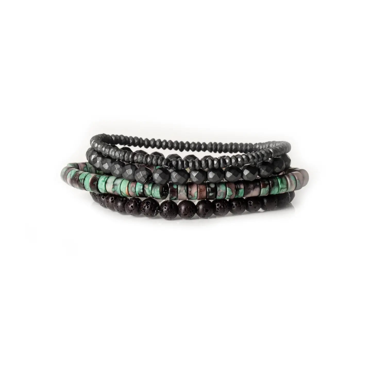 Men's layered bracelet set featuring faceted hematite beads, matte black lava stone beads, and natural heishi stone beads in turquoise, cream, mauve, and earthy brown tones arranged in a stacked design on a white background.