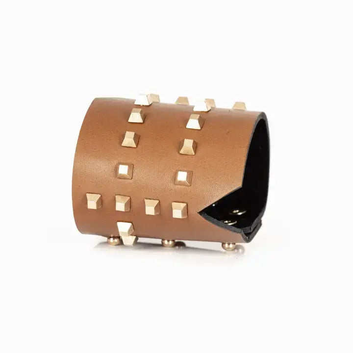 Brown Leather Studded Wide Cuff Bracelet