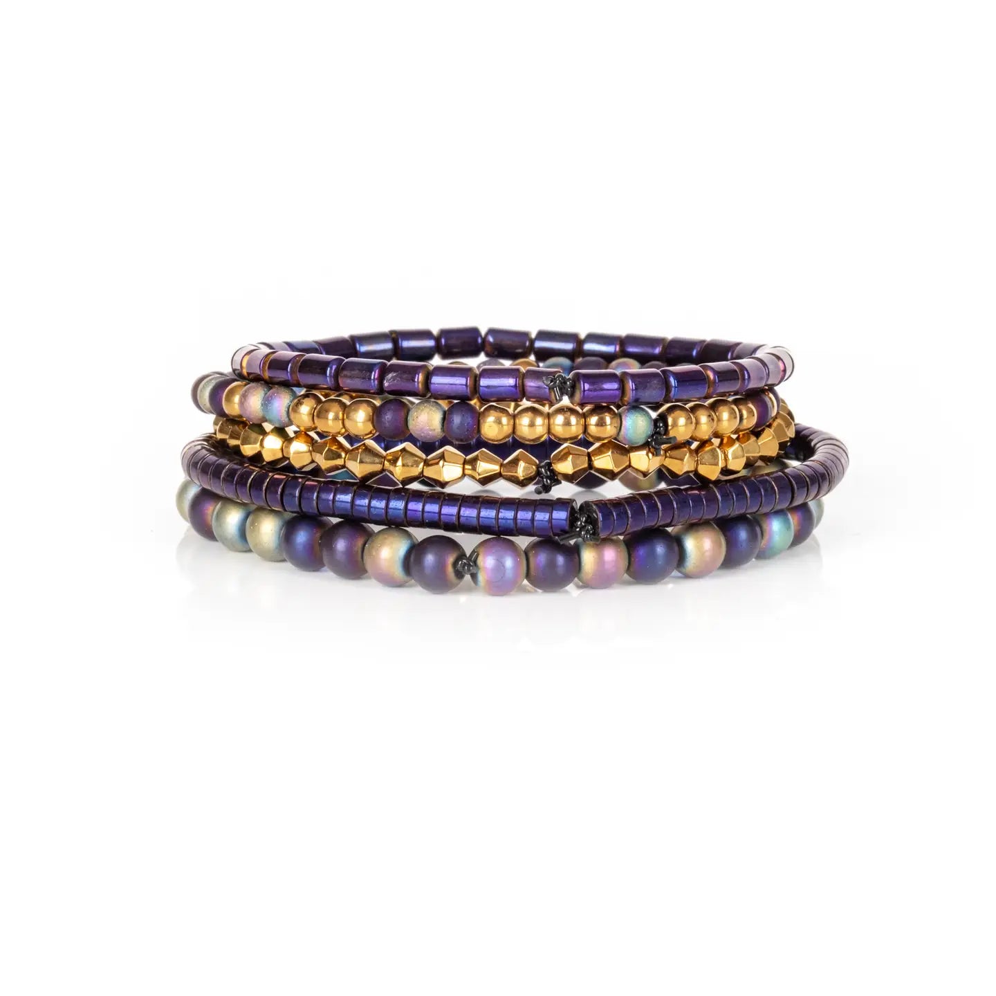 Iridescent Beaded Stack Bracelet Set Midnight Purple & Gold