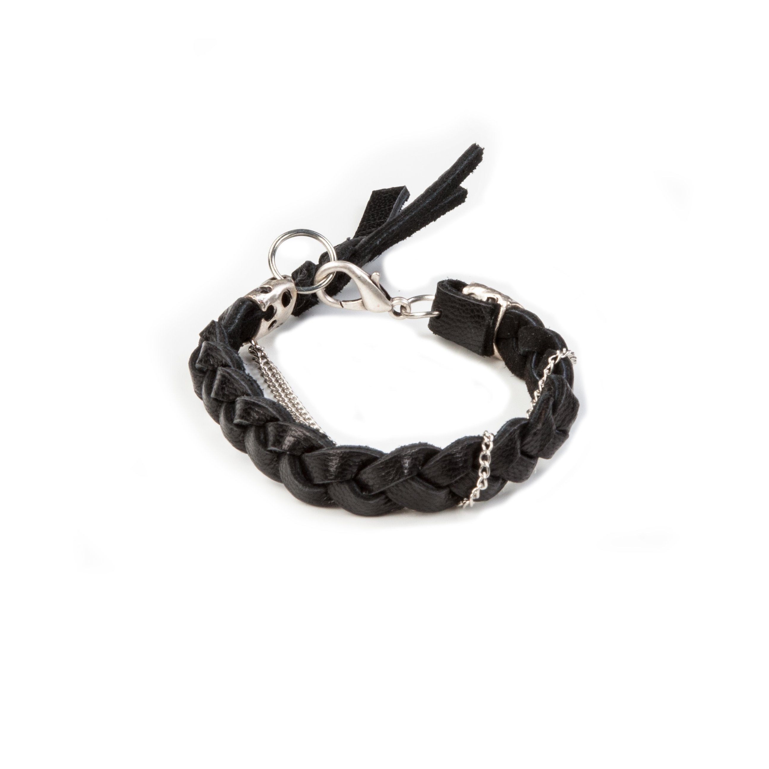 Handmade men's black braided leather bracelet featuring silver-tone chains, artisan metal accents, and leather tassel details.