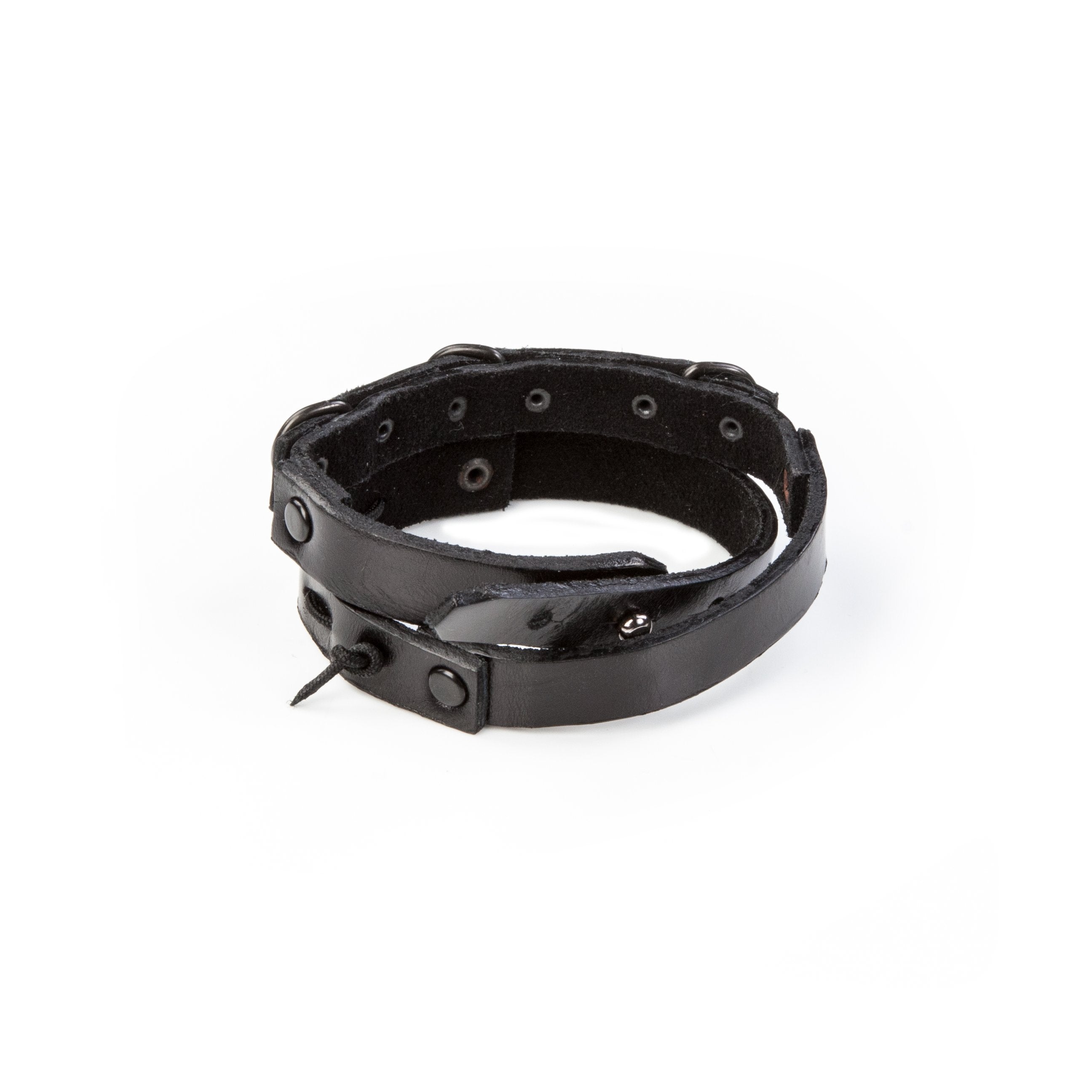 Men's black leather double wrap bracelet featuring gunmetal rivets, industrial rings, and handcrafted layered leather design.