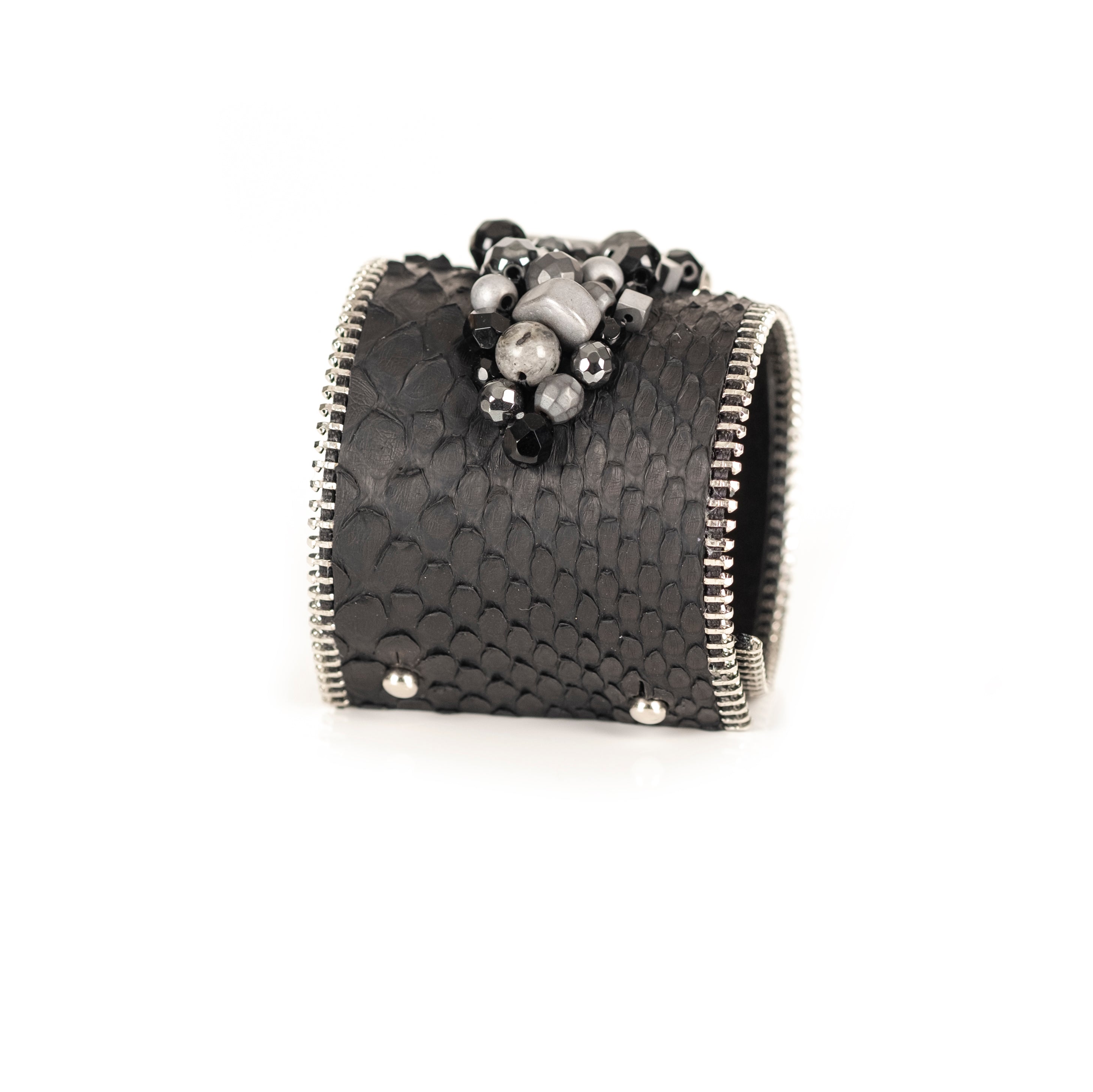 Black python leather cuff with crystal centerpiece and mixed metallic bead cluster, handmade statement bracelet by THE DARK