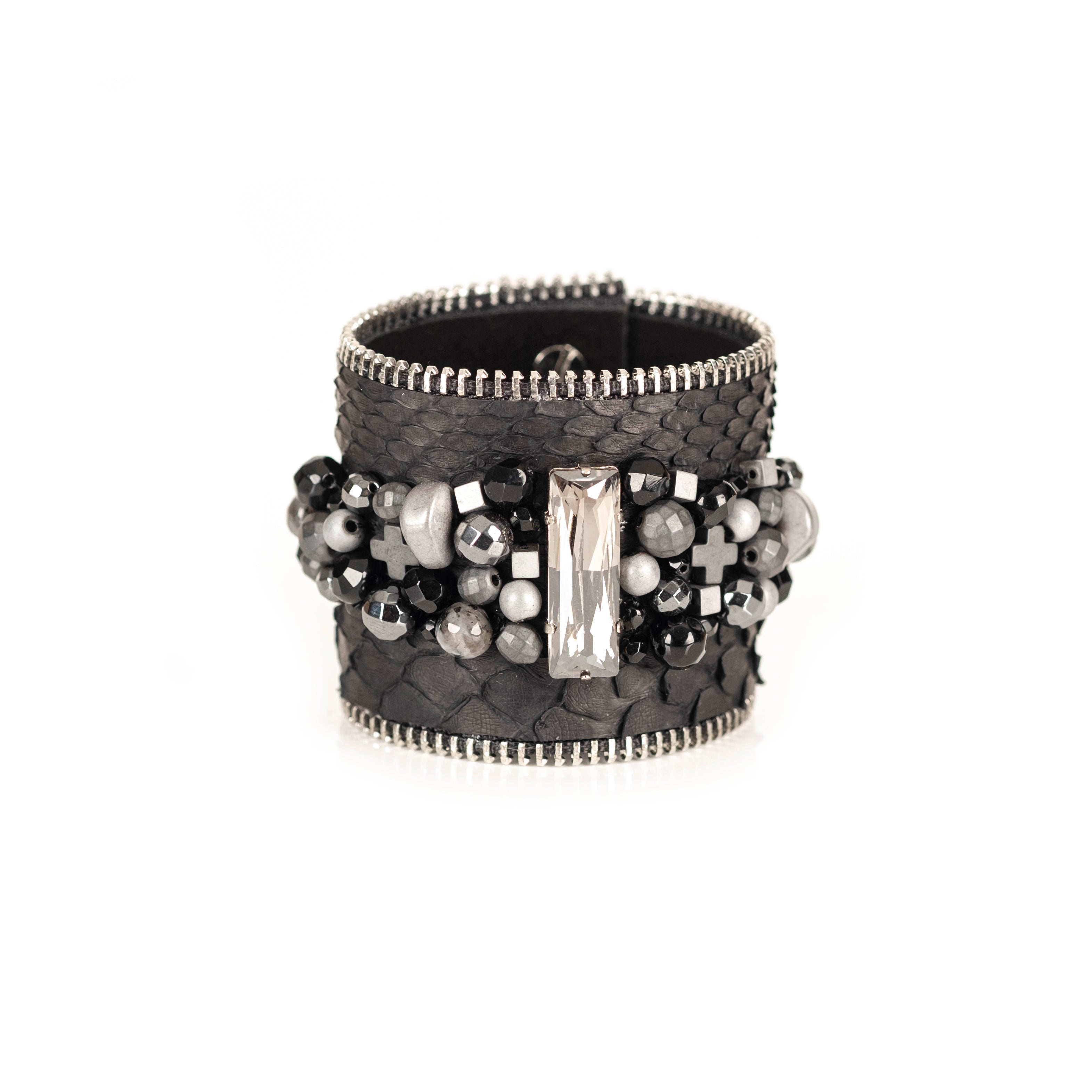 Black python leather cuff with crystal centerpiece and mixed metallic bead cluster, handmade statement bracelet by THE DARK