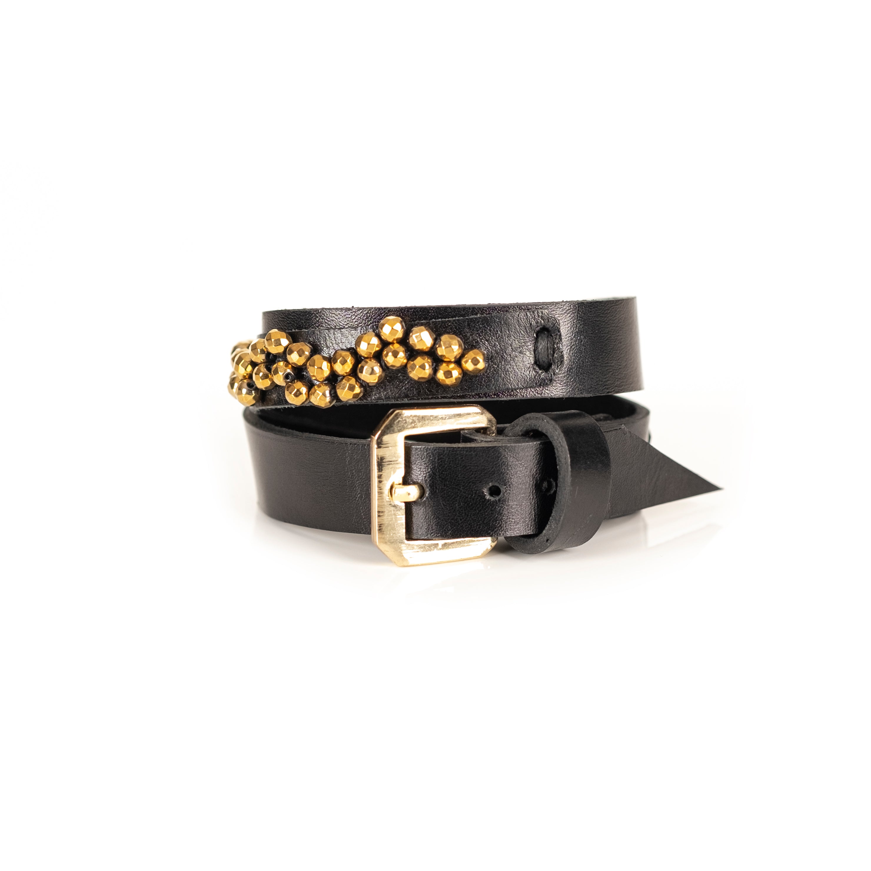 Black leather bracelet with gold bead trim and geometric metal accents, handmade statement bracelet by THE DARK