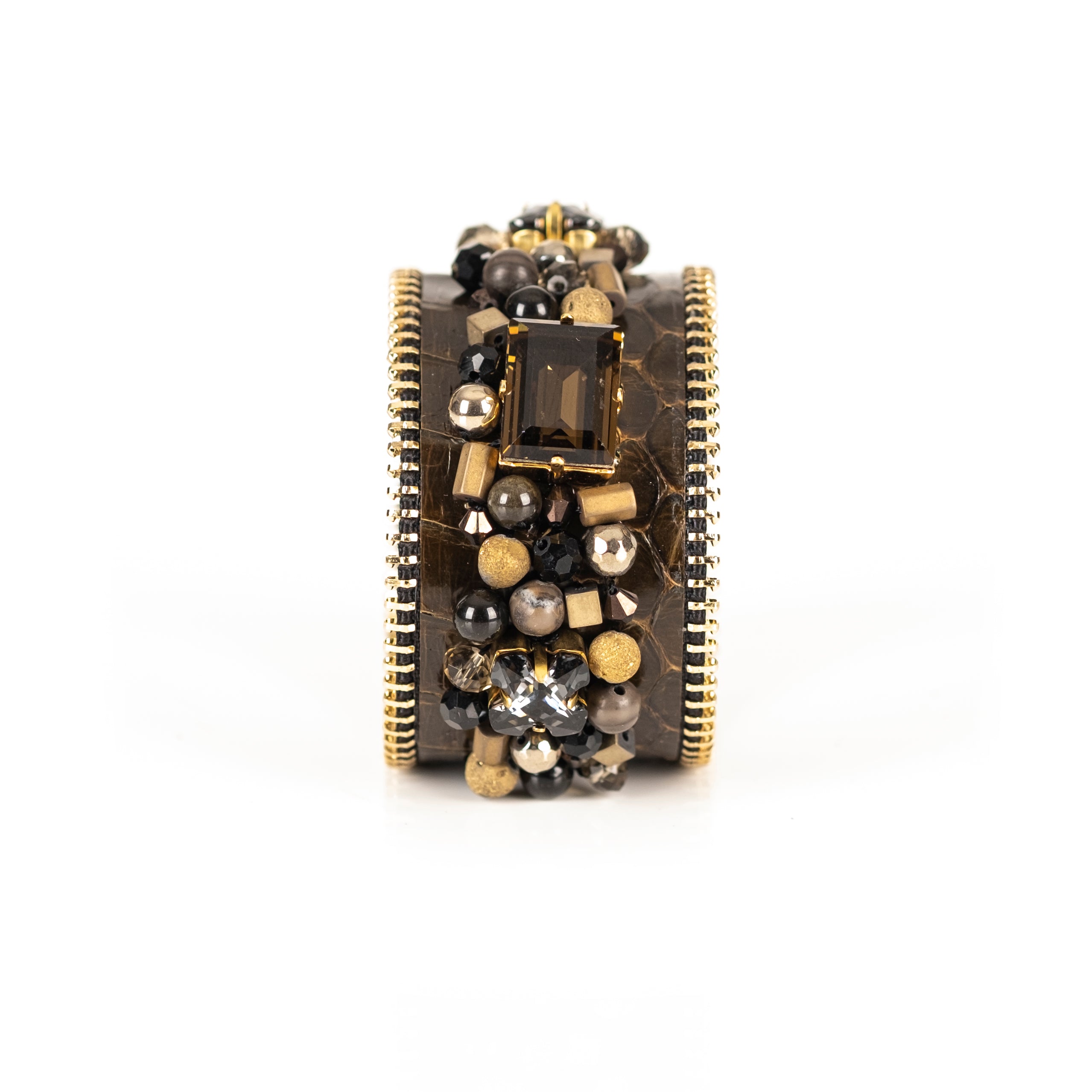 Brown python leather cuff bracelet with smoky crystal centerpiece and gold black bead embellishments, handmade statement bracelet by THE DARK