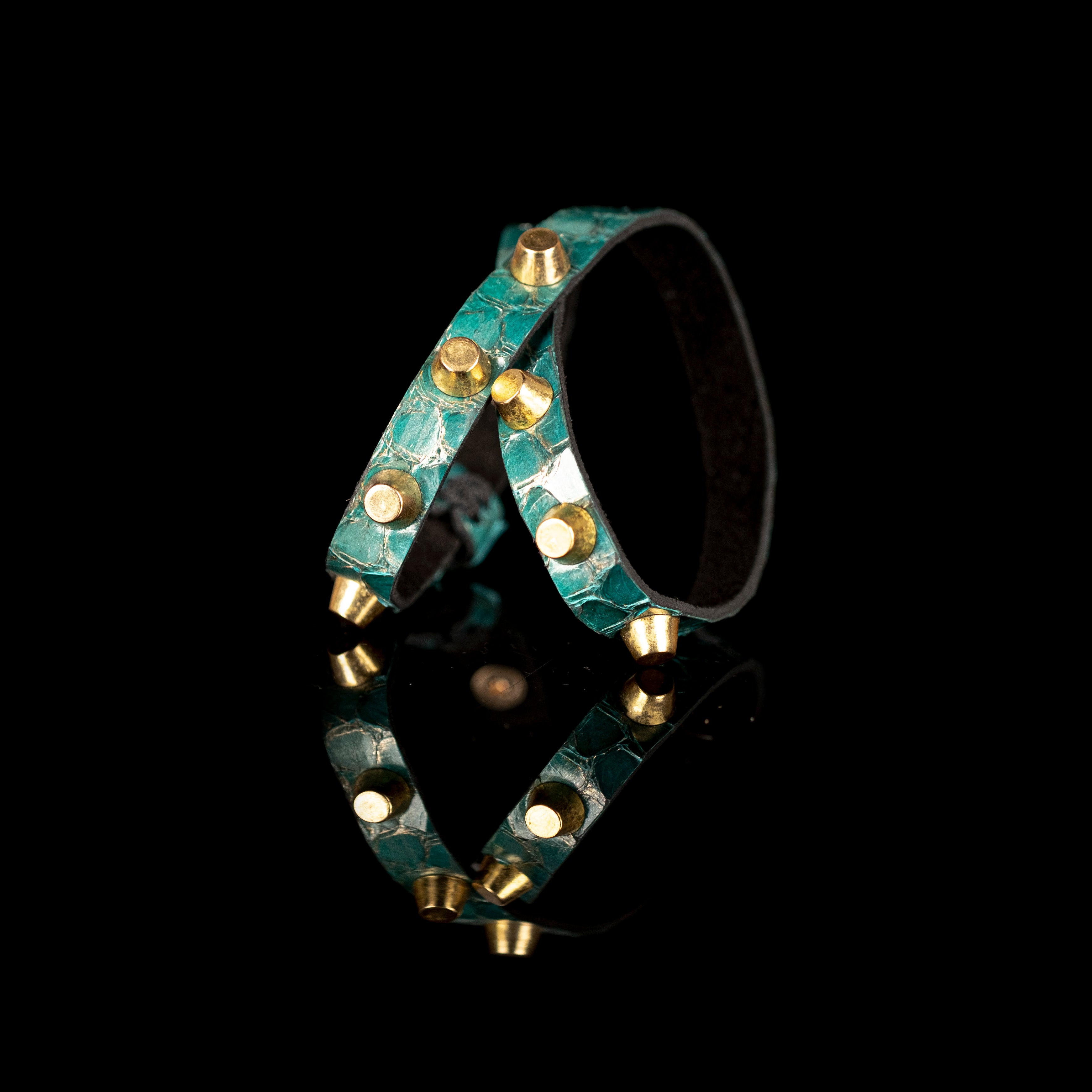 Turquoise python leather bracelet with gold cone studs, handmade exotic leather statement bracelet by THE DARK