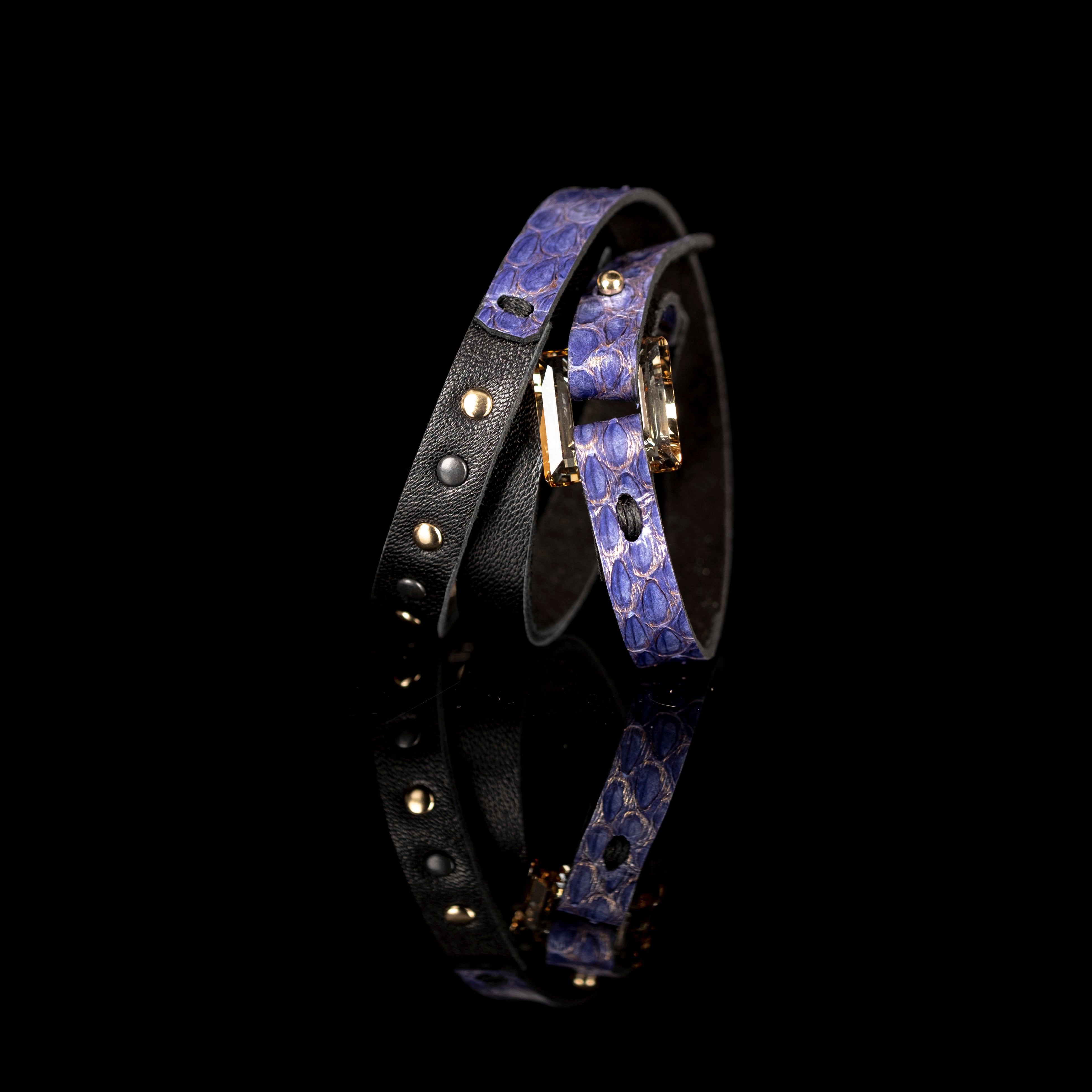 Purple python leather bracelet with rectangular crystal centerpiece, handmade exotic leather bracelet by THE DARK