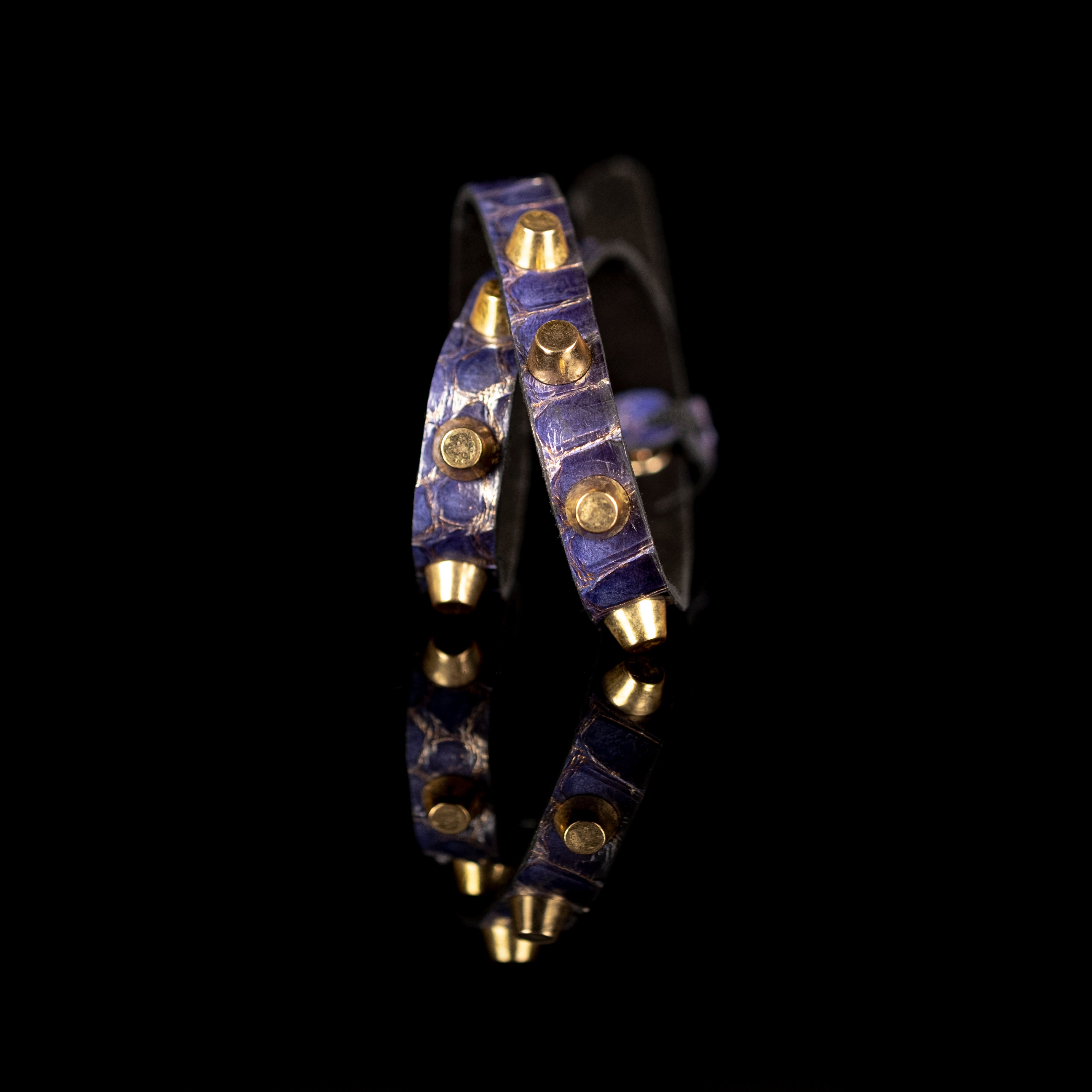 Purple python leather bracelet with gold cone studs, handmade exotic leather statement bracelet by THE DARK
