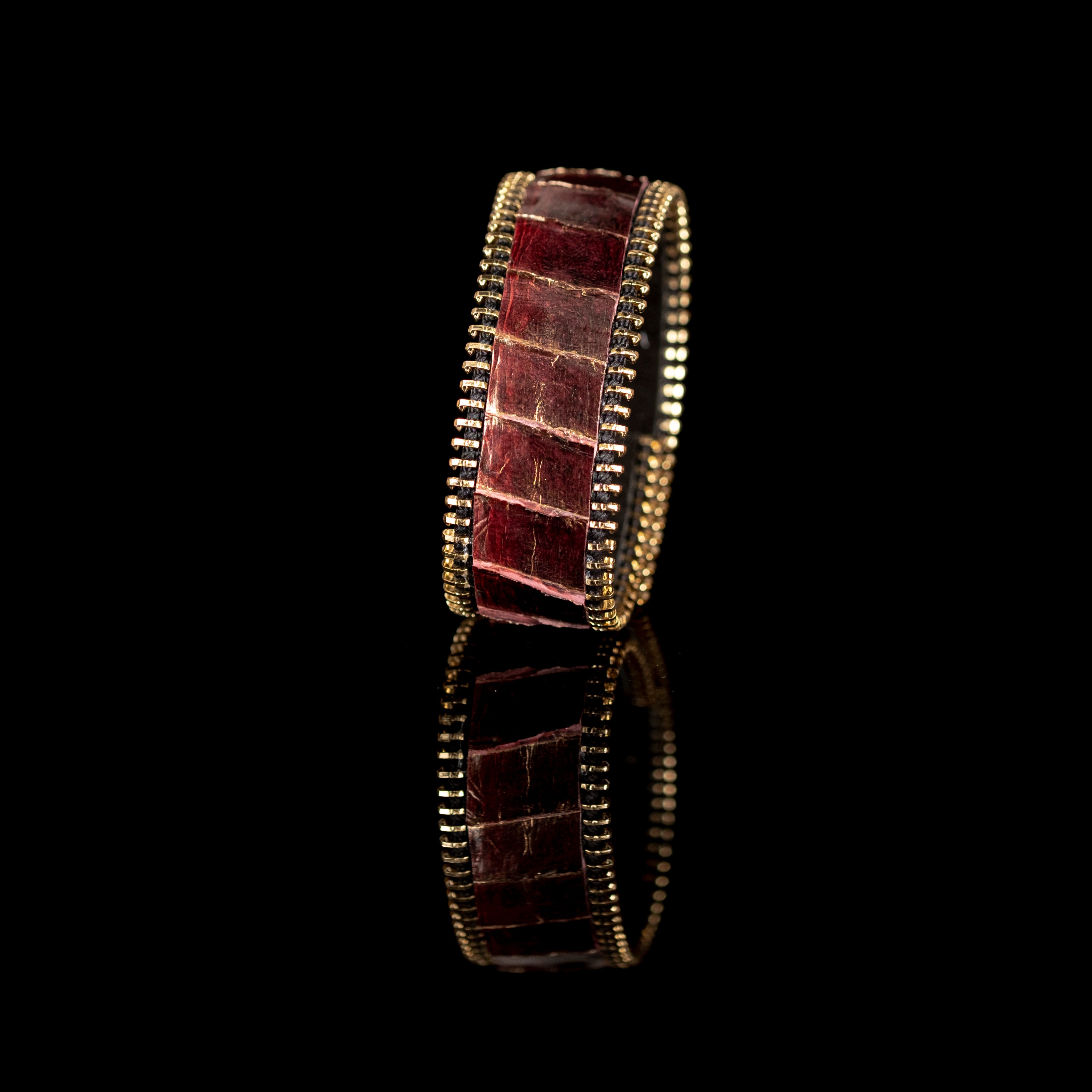 Burgundy crocodile leather cuff bracelet with gold zipper edges, handmade exotic leather bracelet by THE DARK