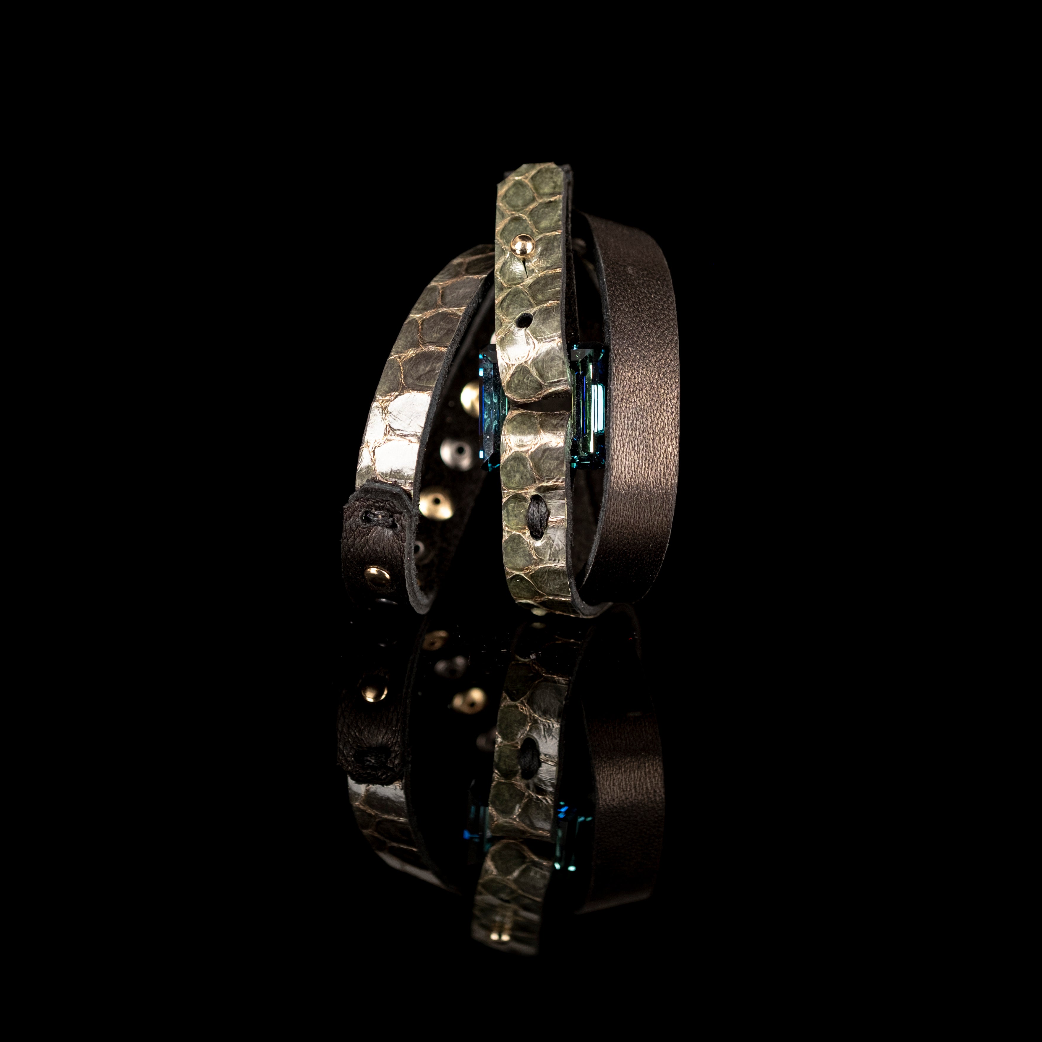 Olive python leather bracelet with blue emerald-cut crystal, handmade exotic leather bracelet by THE DARK